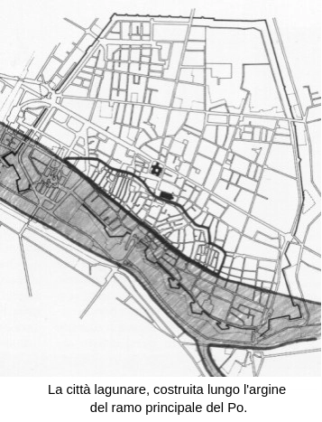La citta lagunare, costruita lungo l'argine del ramo principale del Po.